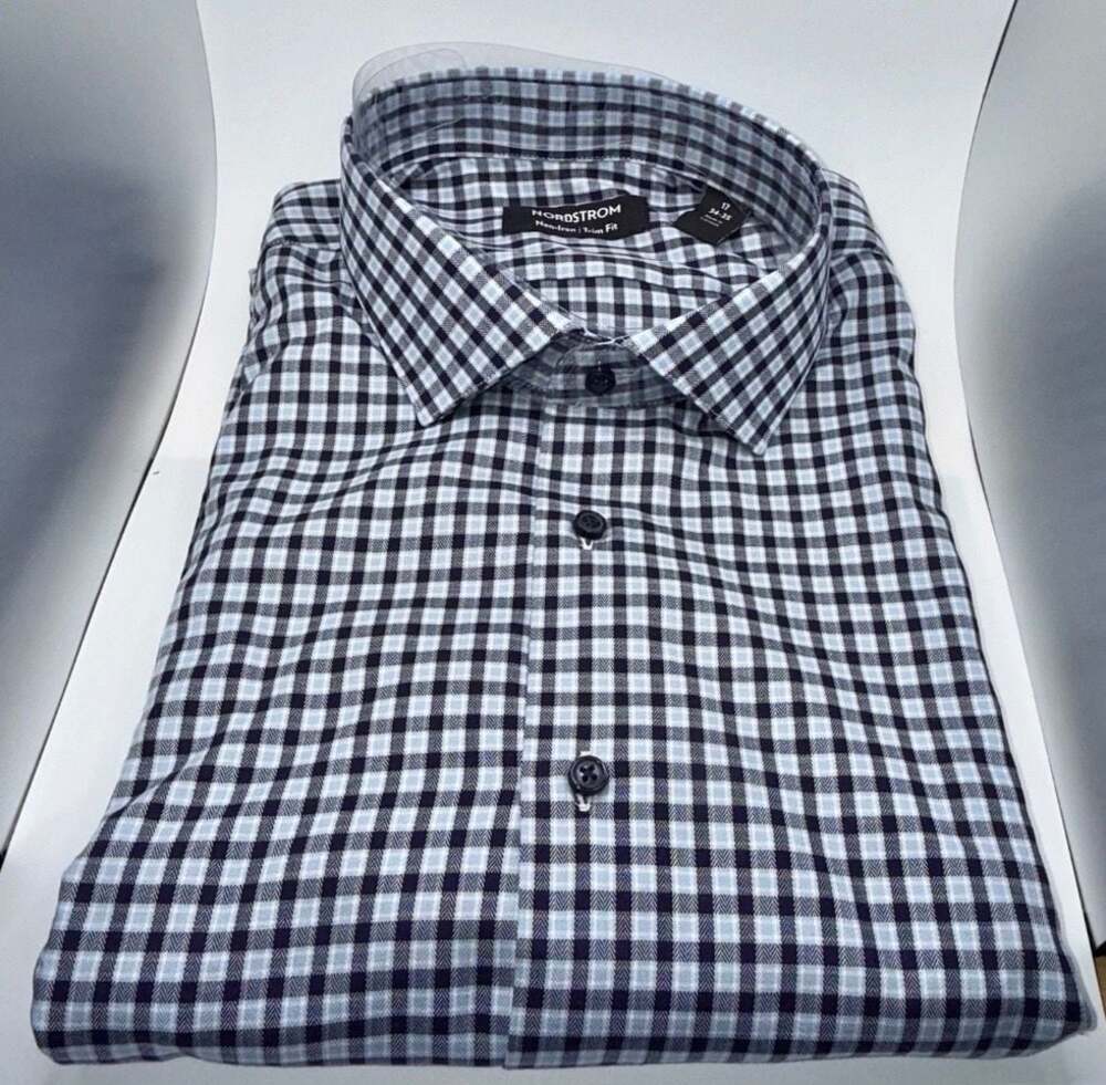 Father’s Day Gift: Nordstrom Men’s Non-Iron Trim Fit Shirt Blue Navy Check Size